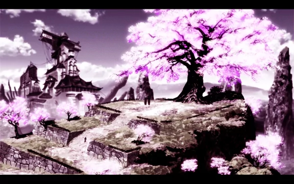 HD PC desktop wallpaper featuring a vibrant pink cherry blossom tree in a stylized landscape from the anime Afro Samurai: Resurrection.