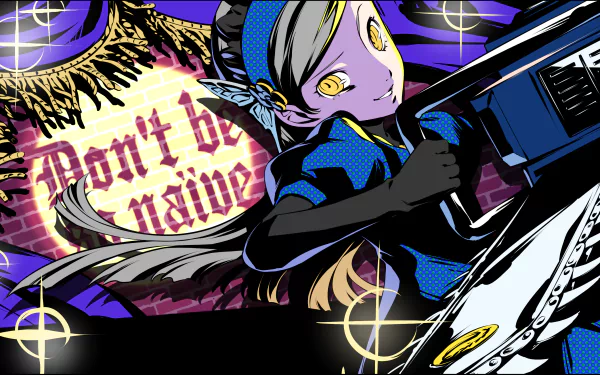 HD PC desktop wallpaper featuring Lavenza from the video game Persona 5 Royal, showcasing her with a confident expression and a bold, stylized background.