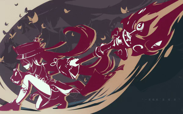 HD desktop wallpaper featuring Hu Tao, a character from the video game Genshin Impact, depicted in dynamic, stylized art with her Pyro abilities and vivid colors.