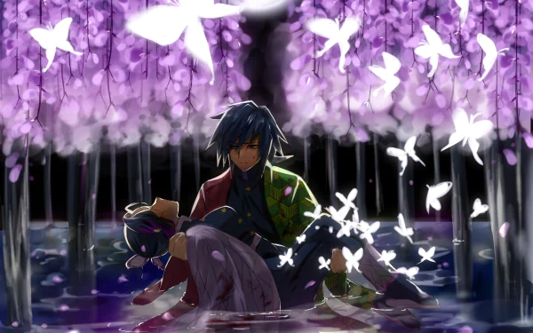 4K Ultra HD Demon Slayer: Kimetsu no Yaiba wallpaper featuring Giyuu Tomioka and Shinobu Kochou surrounded by glowing butterflies under purple wisteria flowers.