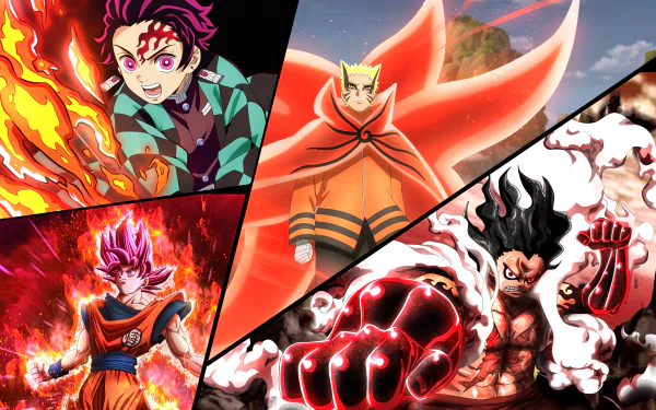 Hinokami Kagura Baryon Mode (Naruto) Tanjiro Kamado Naruto Uzumaki Monkey D. Luffy Goku Anime crossover HD Desktop Wallpaper | Background Image