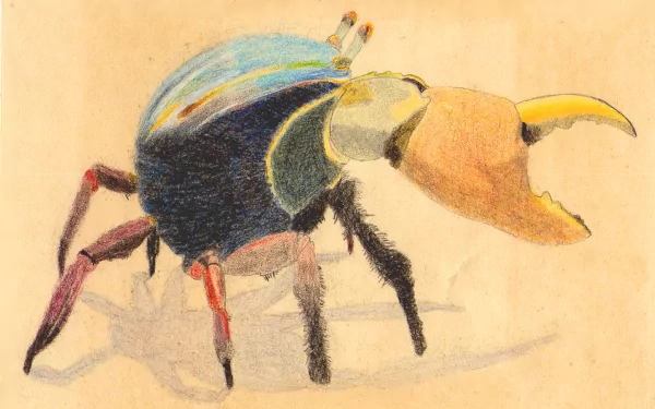 Artistic HD desktop wallpaper featuring a colorful crab illustration with detailed textures and vibrant hues on a soft beige background.