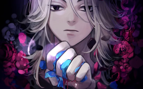 4K Ultra HD anime wallpaper featuring Mikey Manjiro Sano from Tokyo Revengers, with detailed shading, vibrant roses, and a dark, dramatic background.