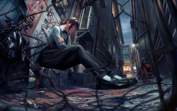 HD PC desktop wallpaper featuring Kobeni Higashiyama from the anime Chainsaw Man, sitting contemplatively in a dimly lit urban alleyway at night.