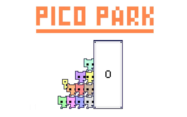 HD Wallpaper featuring colorful pixelated characters from PICO PARK game in front of a white door with the game's logo above.