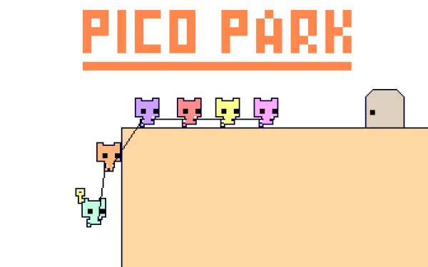 HD desktop wallpaper featuring colorful characters from the game PICO PARK, climbing a blocky terrain with the game's logo above.