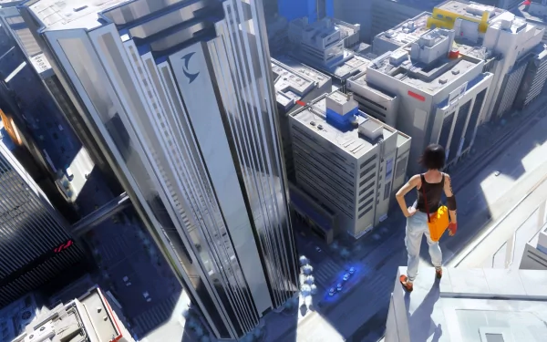 A vibrant HD wallpaper from the video game Mirror's Edge, showcasing a character poised on a skyscraper overlooking a futuristic cityscape with gleaming buildings.
