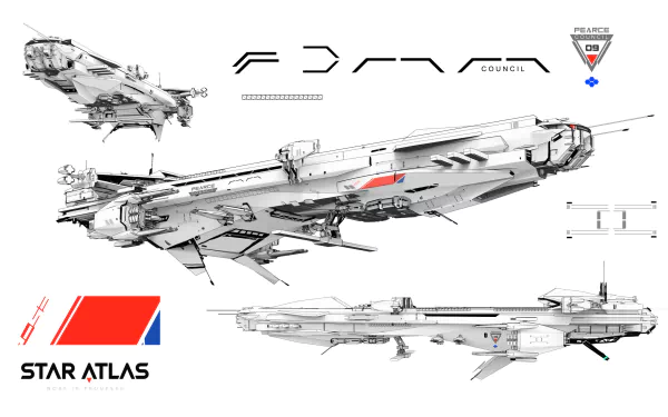 HD Star Atlas spaceship concept art as desktop wallpaper, showcasing detailed spacecraft blueprints and the game's logo.