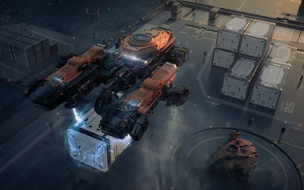 A detailed HD wallpaper featuring a spaceship from the video game Star Citizen, set against a backdrop of cargo containers and a futuristic environment.
