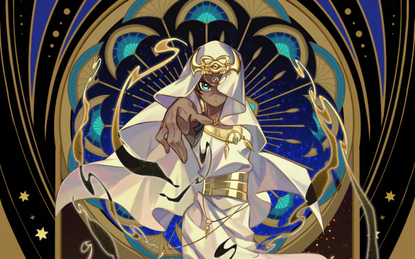 Ishizu Ishtar (Yu-Gi-Oh! anime) in white Egyptian robes and gold headdress, reaching outward before a blue-and-gold art‑nouveau emblem — HD PC desktop wallpaper/background.