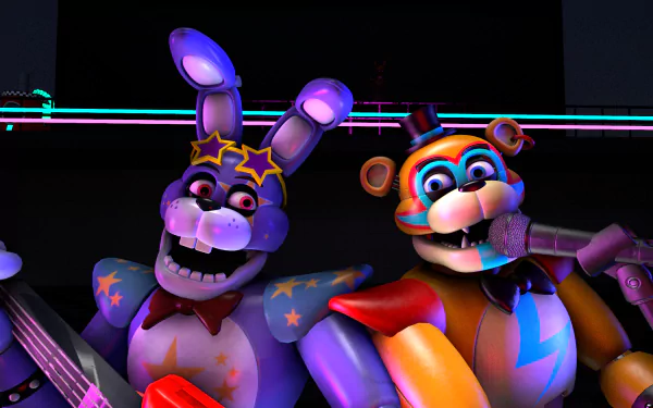 HD PC desktop wallpaper featuring Glamrock Freddy and Glamrock Bonnie from the video game Five Nights at Freddy's: Security Breach.