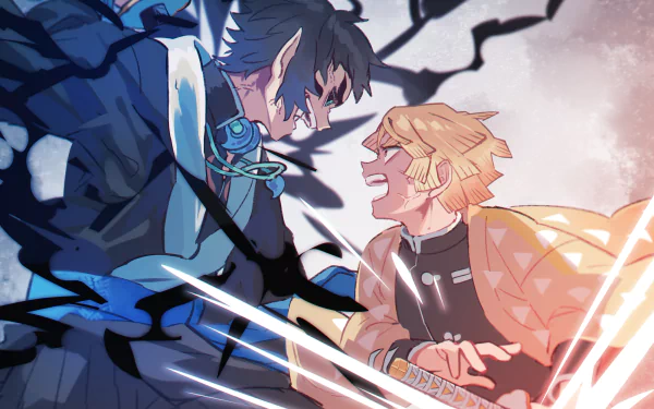HD PC wallpaper featuring Kaigaku and Zenitsu Agatsuma from the anime Demon Slayer: Kimetsu no Yaiba in an intense, dynamic confrontation scene.