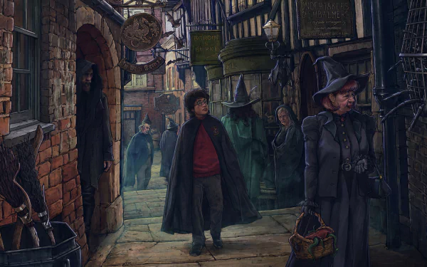HD PC desktop wallpaper featuring a scene from Harry Potter and the Chamber of Secrets, depicting Harry walking through a wizarding alley with magical characters.