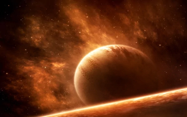 HD Sci-Fi desktop wallpaper featuring a dramatic planet rise with a glowing atmosphere and a beautifully detailed planet emerging over a horizon in outer space.