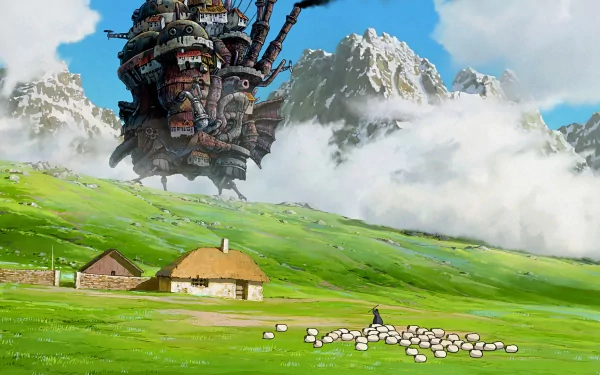 HD desktop wallpaper of Howl's Moving Castle featuring a lush green meadow with sheep, a small cottage, tall mountains, and Howl's castle in the background under a bright blue sky with clouds.