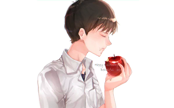 Shinji Ikari (Neon Genesis Evangelion) in profile with eyes closed, holding a red apple on a white background — anime 2K Quad HD PC desktop wallpaper/background