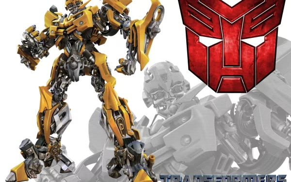 HD desktop wallpaper featuring Bumblebee from the movie Transformers: Age of Extinction. The image includes Bumblebee in his robot form and the red Autobot logo in the background.