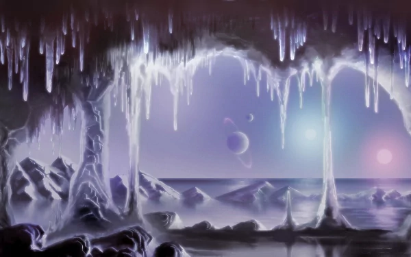 HD PC desktop wallpaper and background: sci‑fi icy landscape with hanging icicles and crystalline arches over an alien shoreline, distant planets and a glowing, luminescent horizon.