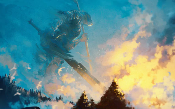 A dramatic HD wallpaper inspired by Elden Ring, showcasing a giant figure against a vivid sky filled with clouds and flames, surrounded by a serene forest landscape below.