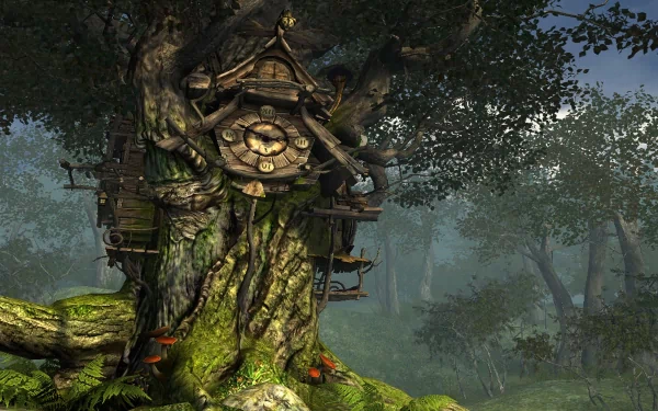 HD desktop wallpaper of a fantasy forest scene featuring an intricate treehouse with clock details nestled among ancient trees, engulfed in lush green foliage and mist.