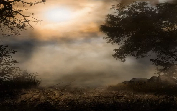 HD PC desktop wallpaper featuring a foggy forest scene with diffused sunlight filtering through dense mist and silhouetted trees.