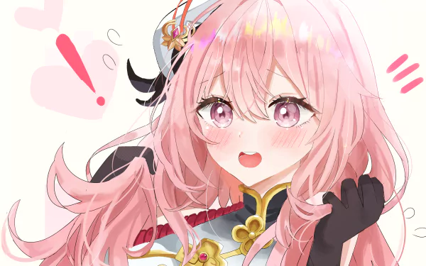 Shinju Inui (My Dress-Up Darling) HD PC desktop wallpaper: close-up anime of a blushing pink-haired girl in ornate outfit, excited smile and flowing hair.