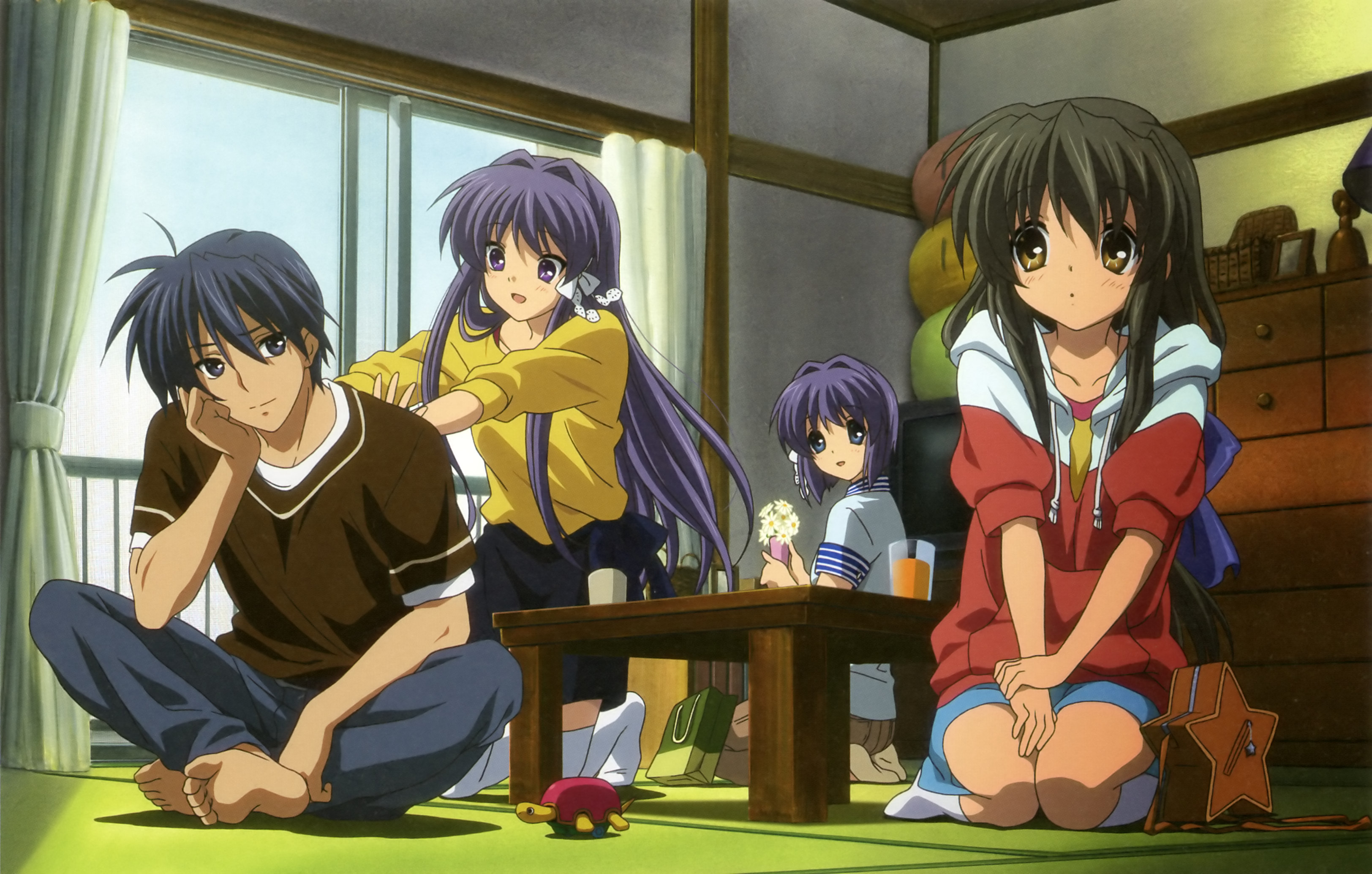Kyou, Ryou, Fuuko, and Tomoya from the anime Clannad on a colorful desktop wallpaper.