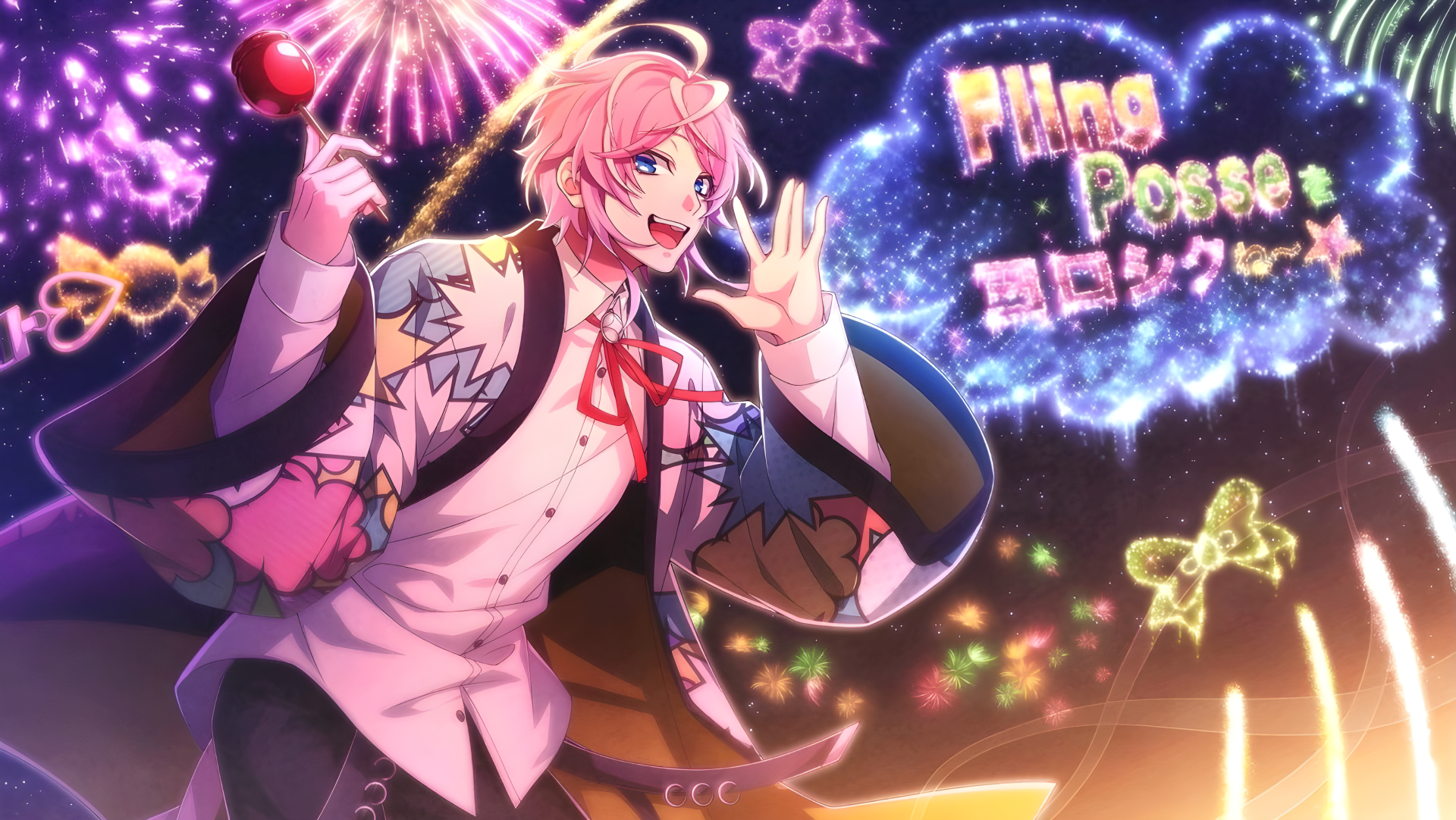 4K Ultra HD PC desktop wallpaper background of Ramuda Amemura from Hypnosis Mic — pink-haired anime performer in a colorful jacket holding a lollipop amid fireworks, neon stars and sparkles.