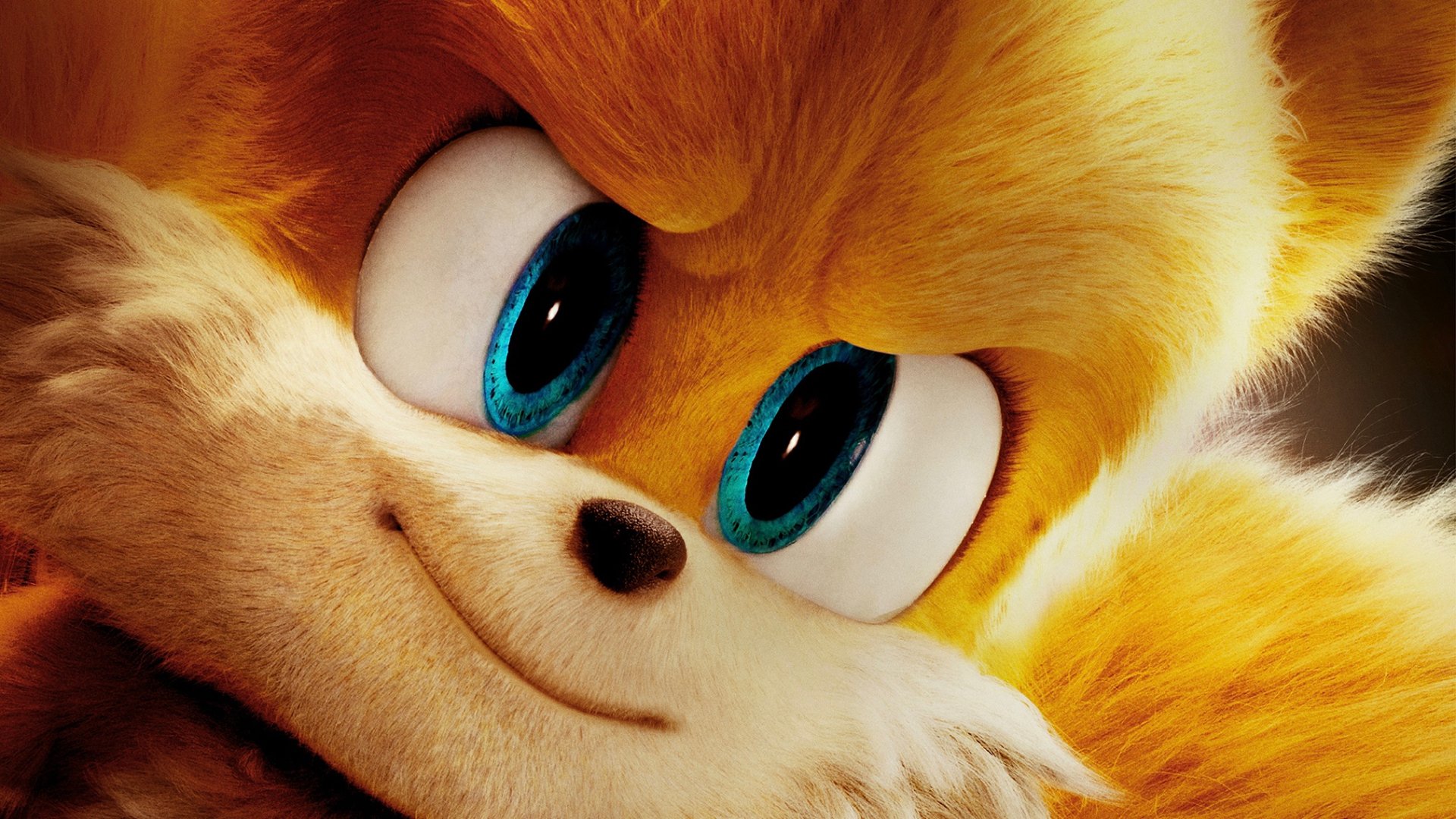 Close-up HD PC desktop wallpaper of Miles Tails Prower from the Sonic the Hedgehog 2 movie, showcasing his detailed fur and bright blue eyes.