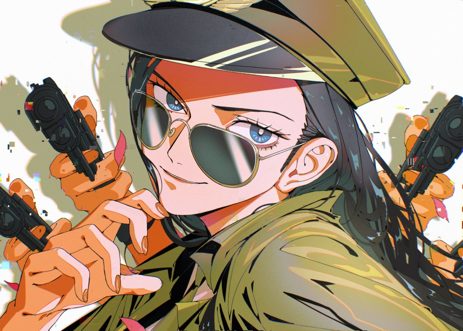 HD anime desktop wallpaper featuring Nico Robin from One Piece, wearing sunglasses and a stylish cap while holding two guns with a confident expression.