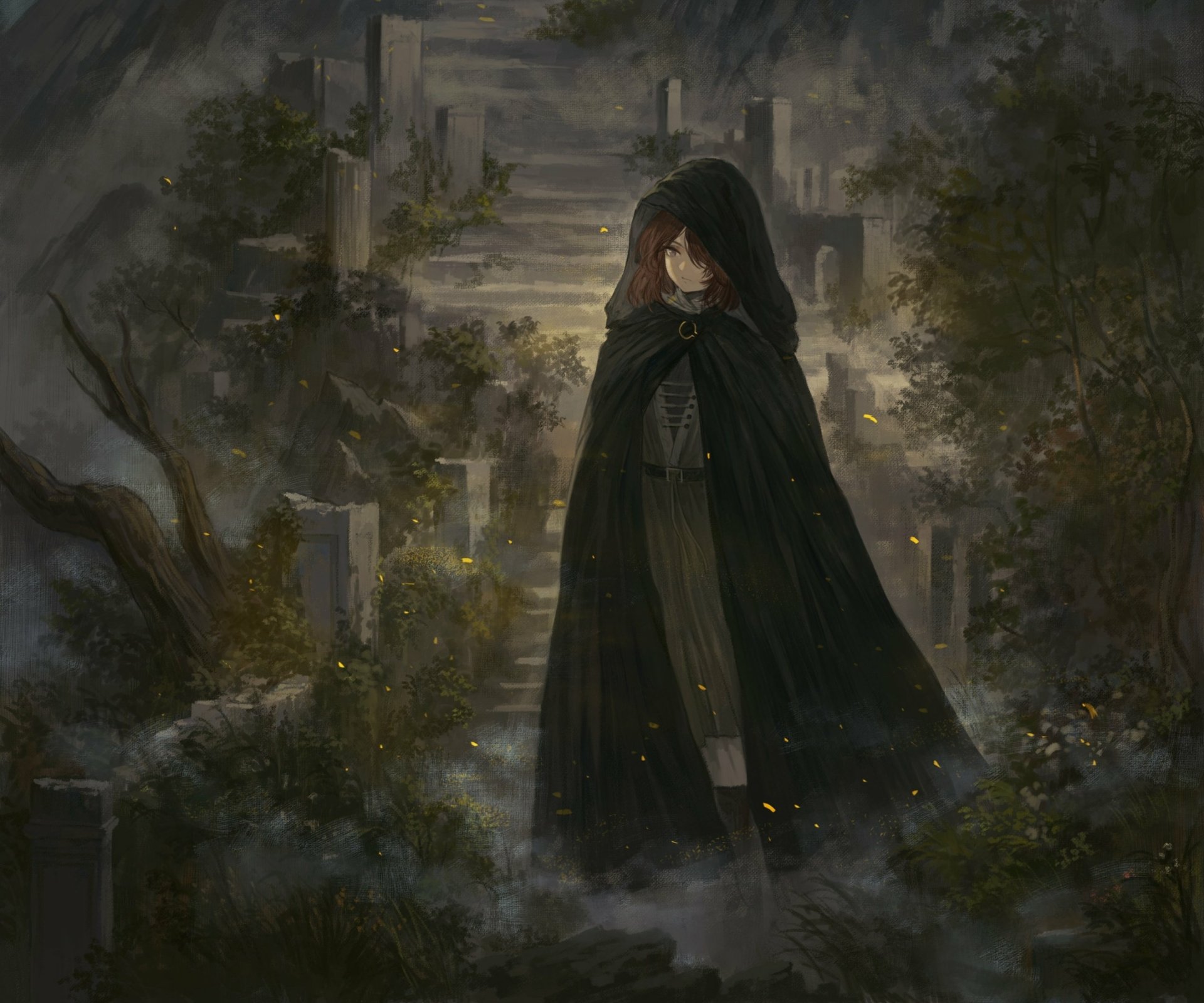 HD PC desktop wallpaper featuring Melina from the video game Elden Ring, standing in a dark, mystical forest with soft glowing embers around her.