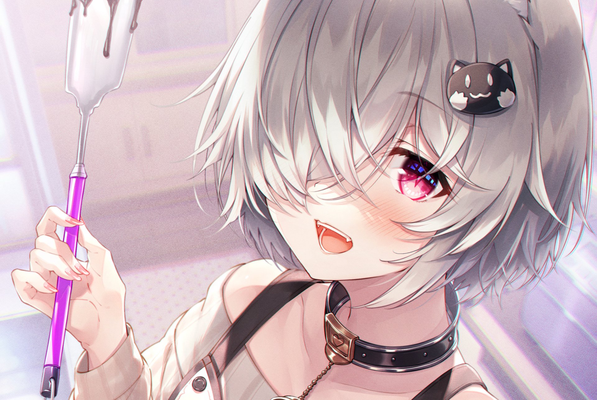 Download Pink Eyes Short Hair Grey Hair Anime Girl Anime Girl HD Wallpaper