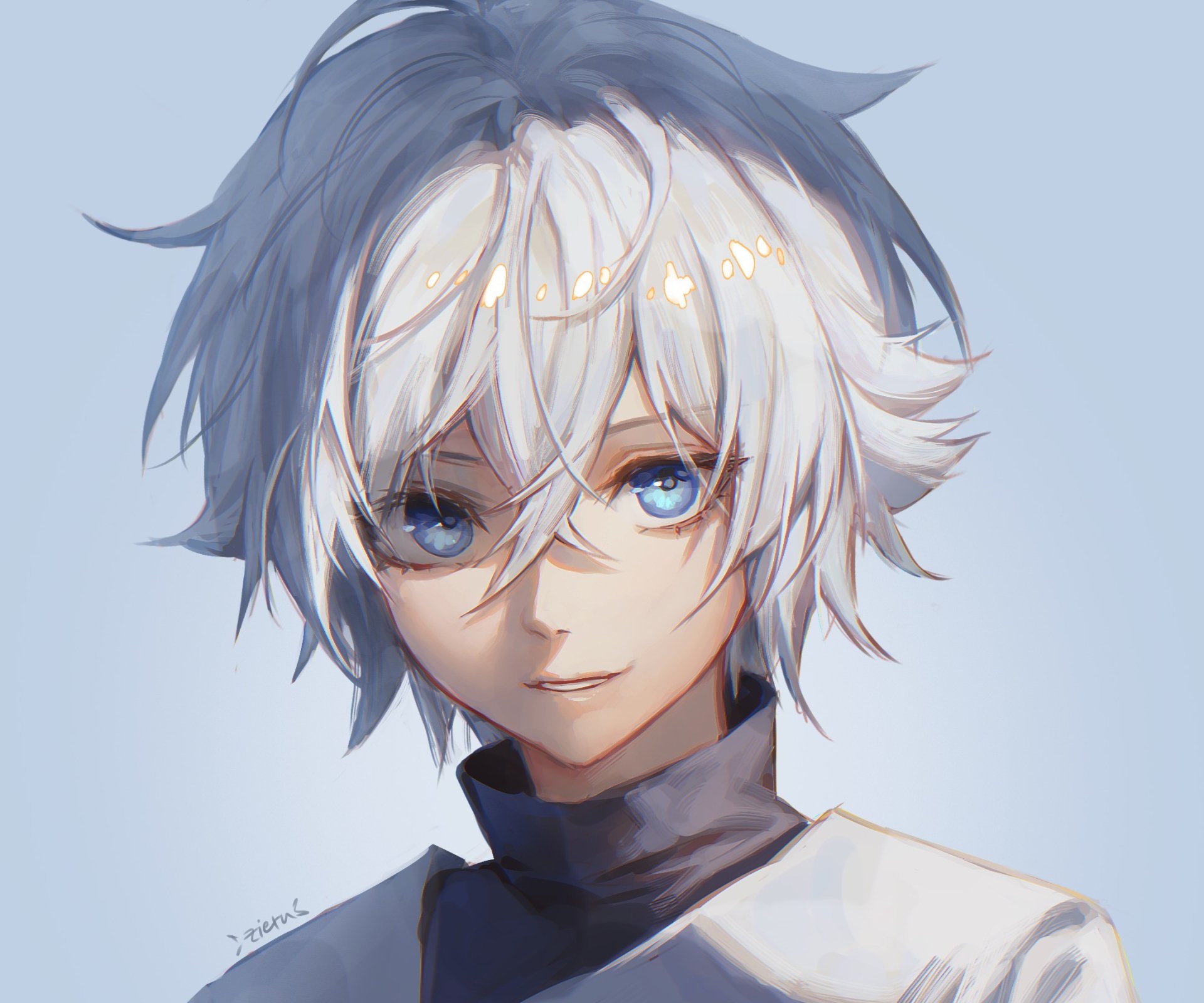 HD anime desktop wallpaper featuring Killua Zoldyck from Hunter x Hunter with a calm expression and detailed white hair against a soft blue background.