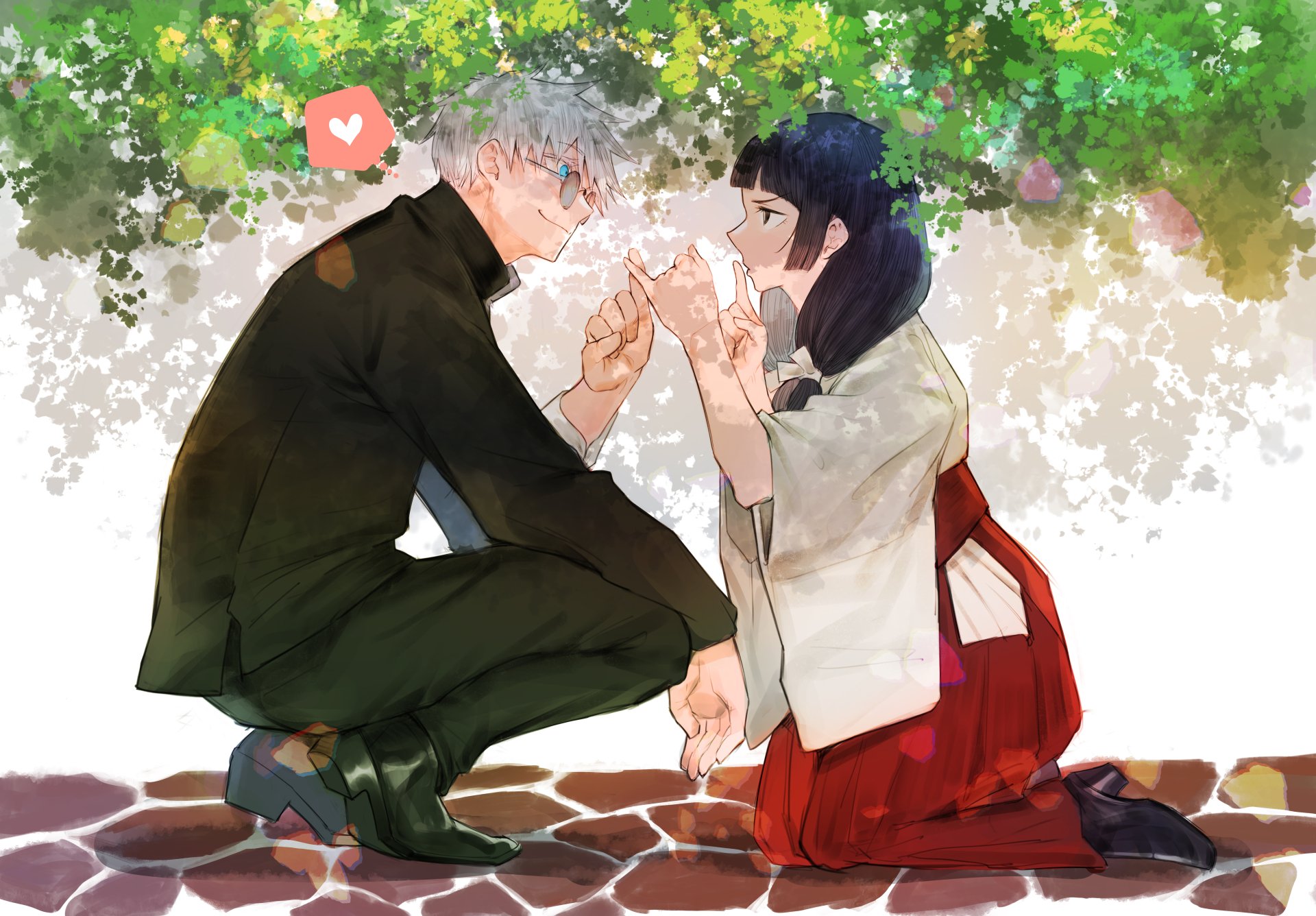 Utahime Iori and Satoru Gojo from Jujutsu Kaisen share a tender moment under lush greenery in this vibrant 4K Ultra HD anime desktop wallpaper.