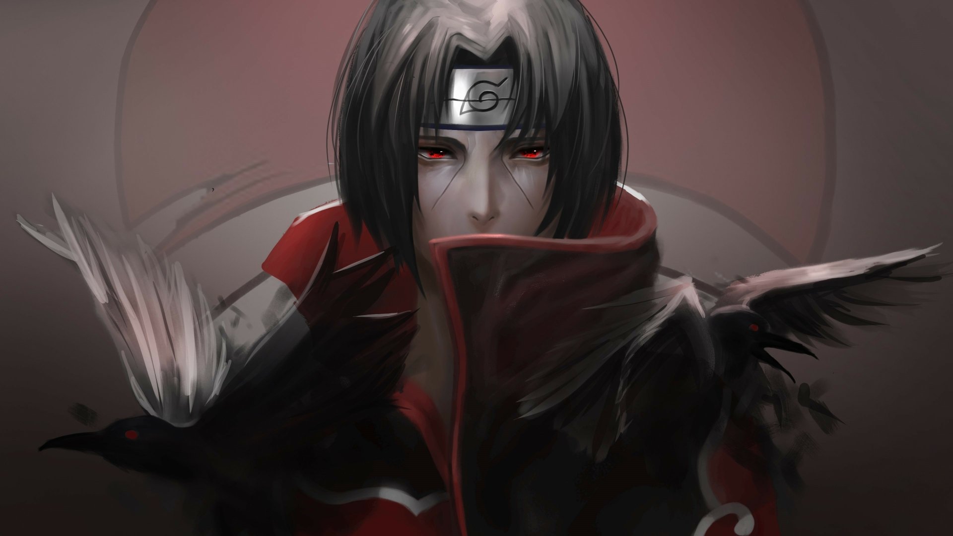 Itachi Uchiha from Naruto anime with red Sharingan eyes, dark cloak, and crows, featured in a 4K Ultra HD PC desktop wallpaper.