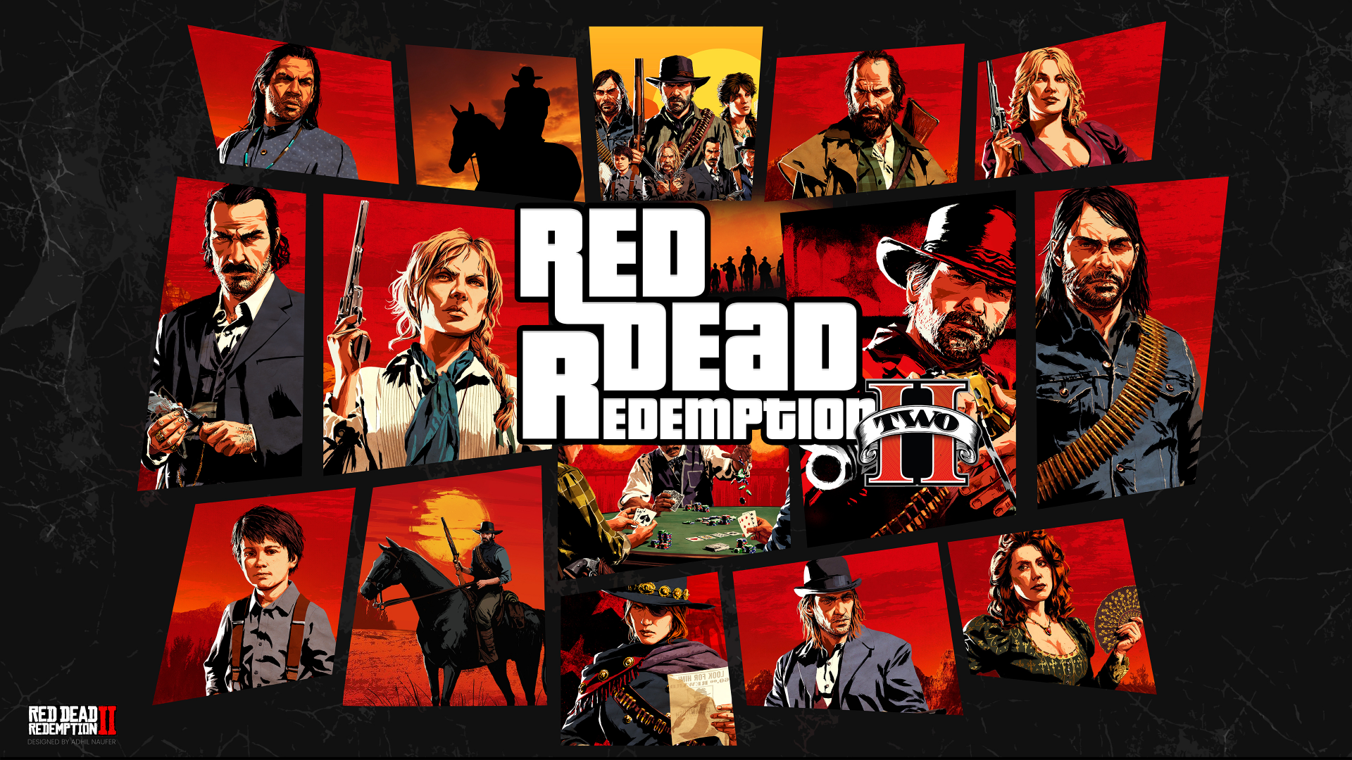 A vibrant 4K Ultra HD wallpaper featuring characters from the video game Red Dead Redemption 2, showcasing a collage of iconic figures against a dramatic red background.