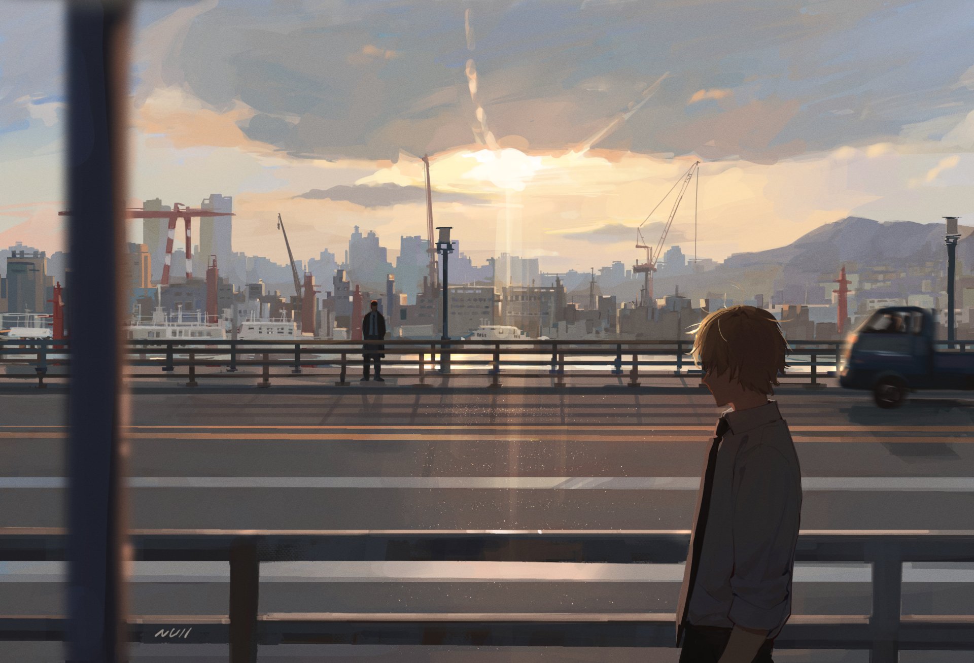HD PC desktop wallpaper featuring Denji from Chainsaw Man standing on a bridge with a city skyline and a dramatic sunset in the background, capturing an anime atmosphere.