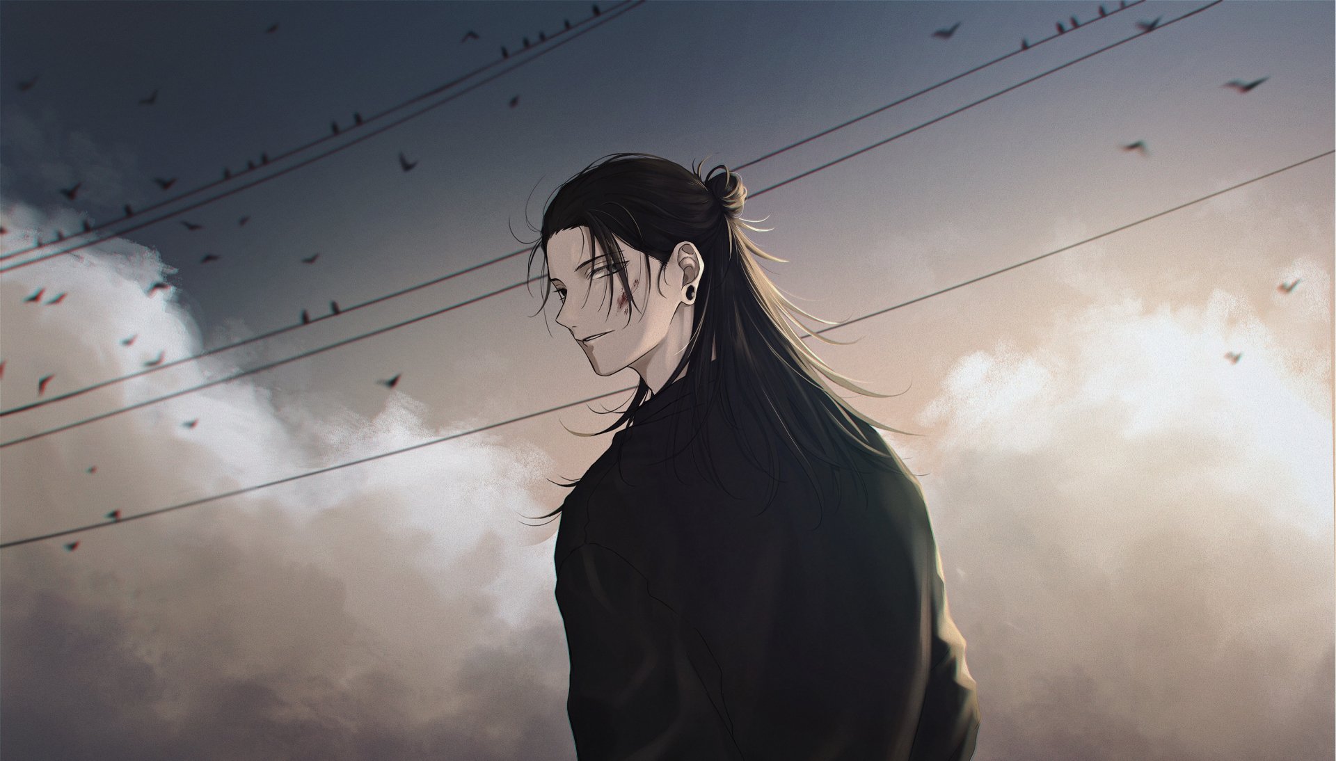 HD PC desktop wallpaper featuring Suguru Geto from the anime Jujutsu Kaisen, set against a moody sky with birds perched on power lines.