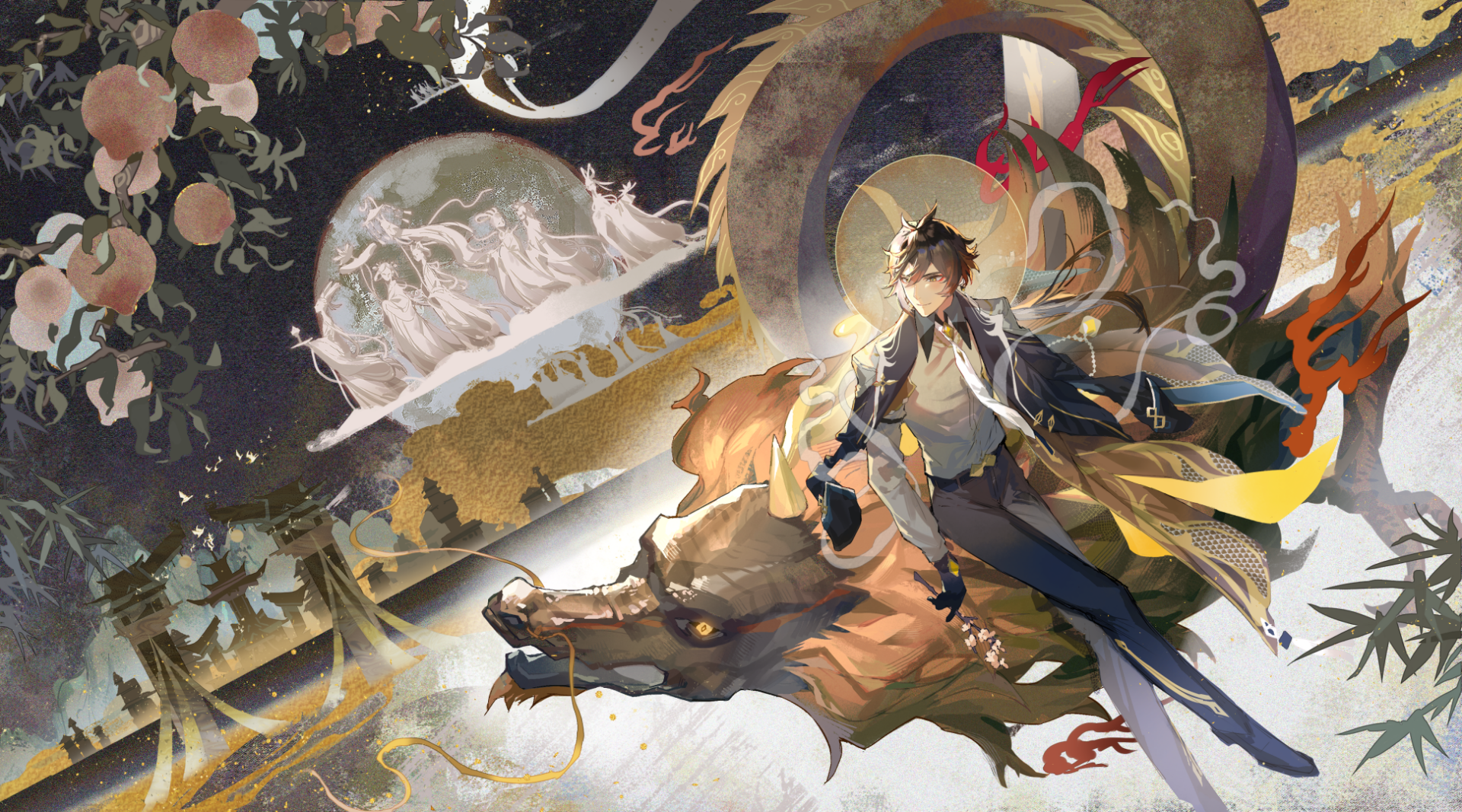HD PC desktop wallpaper of Zhongli (Rex Lapis) from the video game Genshin Impact — the Geo archon in flowing robes beside a stone lion amid gold motifs and mountain scenery.