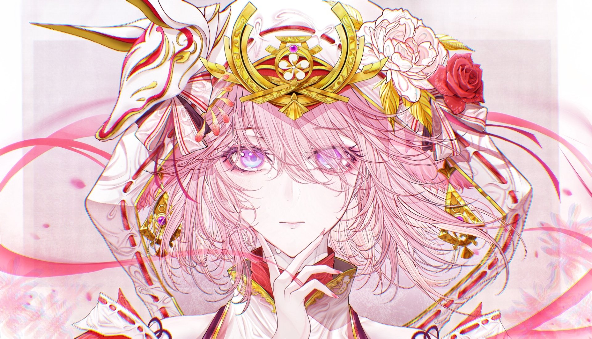 HD PC desktop wallpaper featuring Yae Miko Guuji from Genshin Impact, showcasing delicate pink tones and intricate ornamental details.