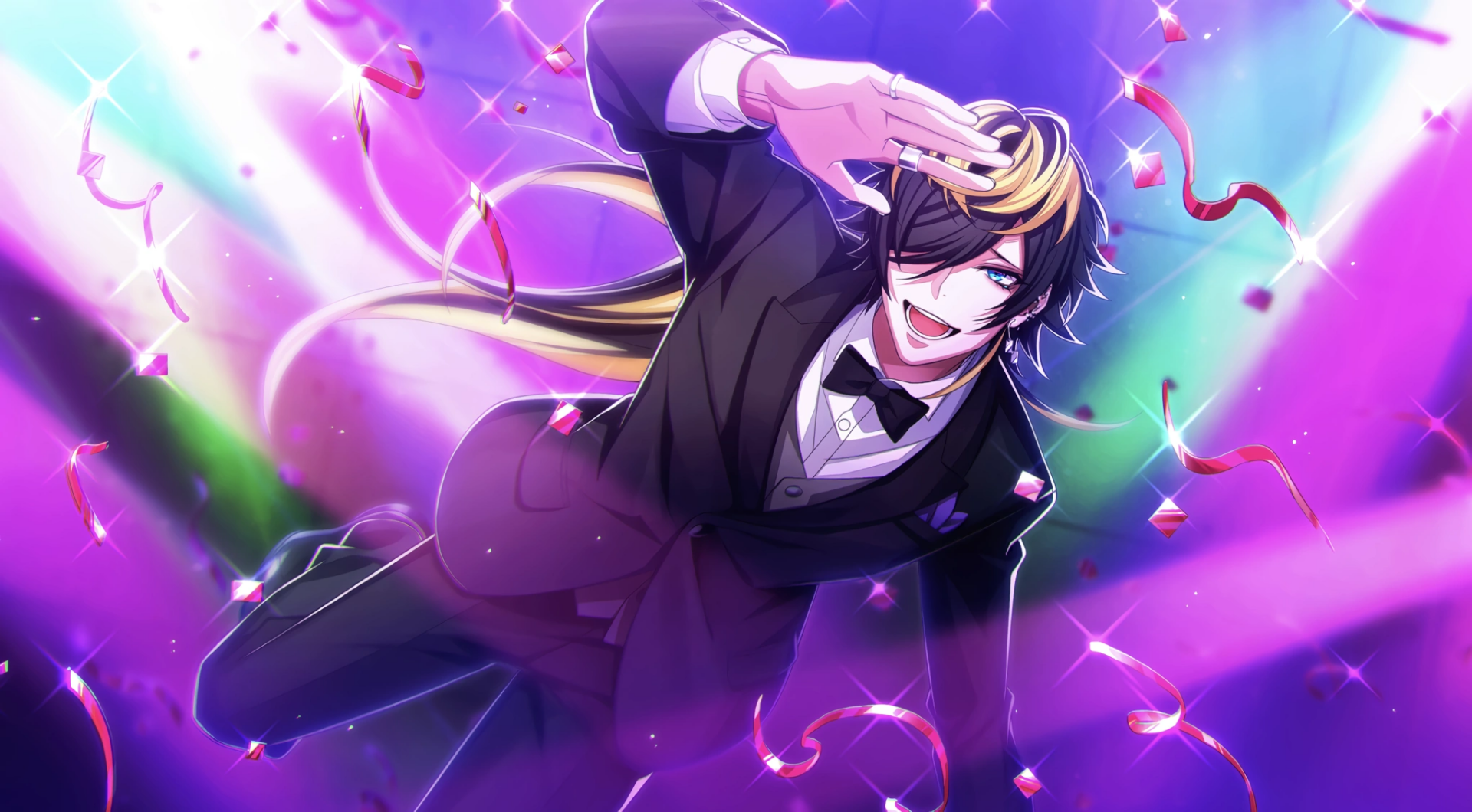 HD PC desktop wallpaper of Jyushi Aimono from Hypnosis Mic: anime-style portrait in a tuxedo, blond-streaked hair, reaching out amid vibrant purple lights, ribbons and sparkles.