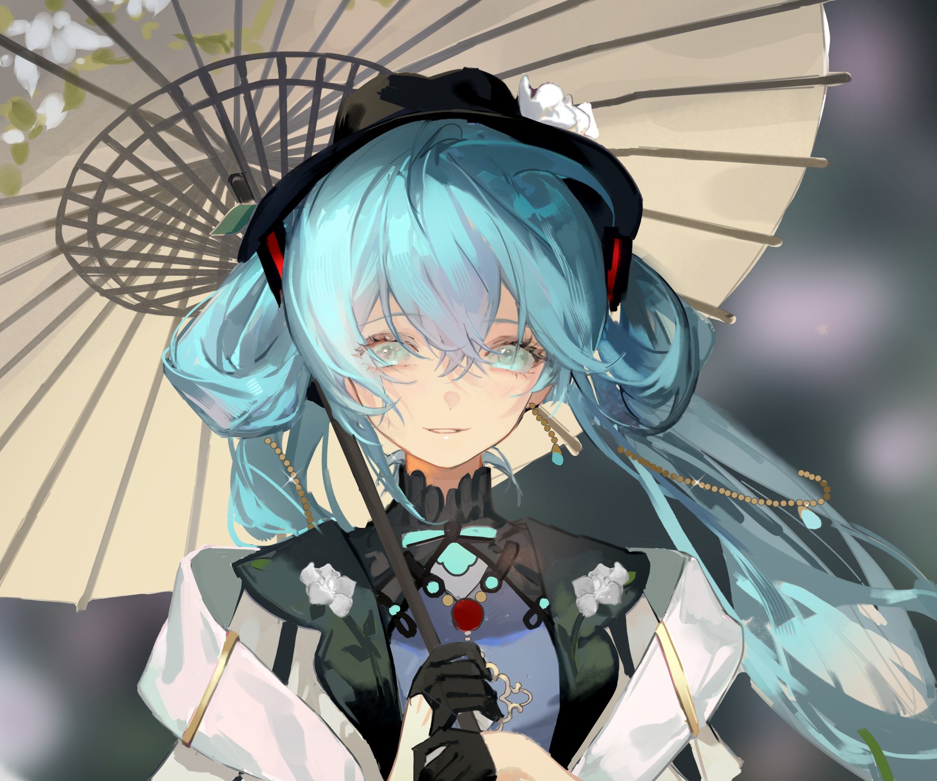 Anime-style illustration of Hatsune Miku with turquoise hair and headphones, holding a traditional umbrella. 4K Ultra HD Vocaloid desktop wallpaper background.