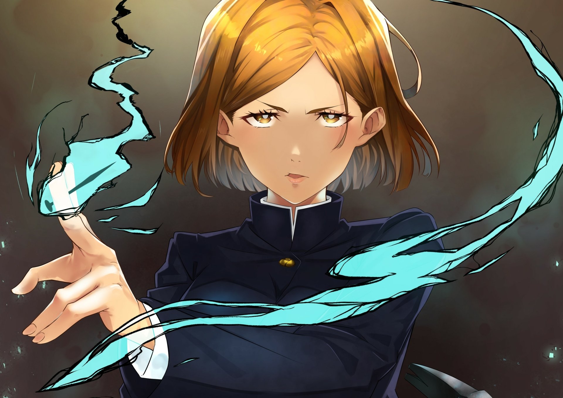 HD PC desktop wallpaper featuring Nobara Kugisaki from the anime Jujutsu Kaisen, depicted with a determined expression and glowing blue energy swirling around her hand.