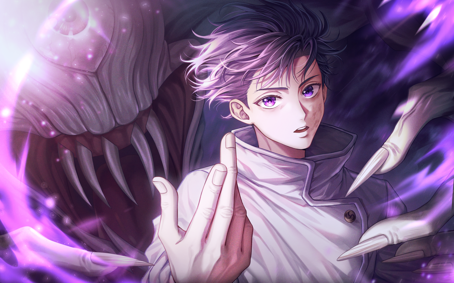 Yuta Okkotsu (Jujutsu Kaisen 0) anime 4K Ultra HD PC wallpaper: young man in a white coat reaches out as purple energy swirls and a monstrous shadow with teeth and claws looms behind him.