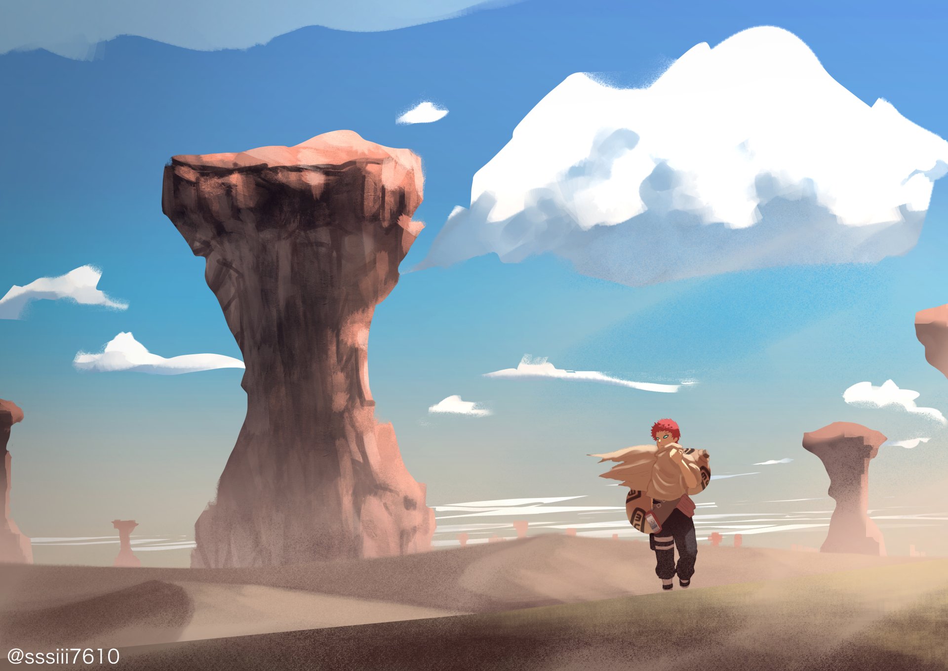 4K Ultra HD anime wallpaper featuring Gaara from Naruto running through a desert landscape with towering rock formations under a bright, partly cloudy sky.