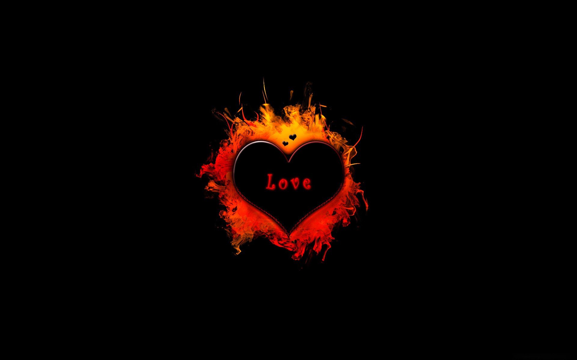 A vibrant, artistic HD wallpaper featuring a heart engulfed in flames, with the word Love boldly displayed, set against a black background.