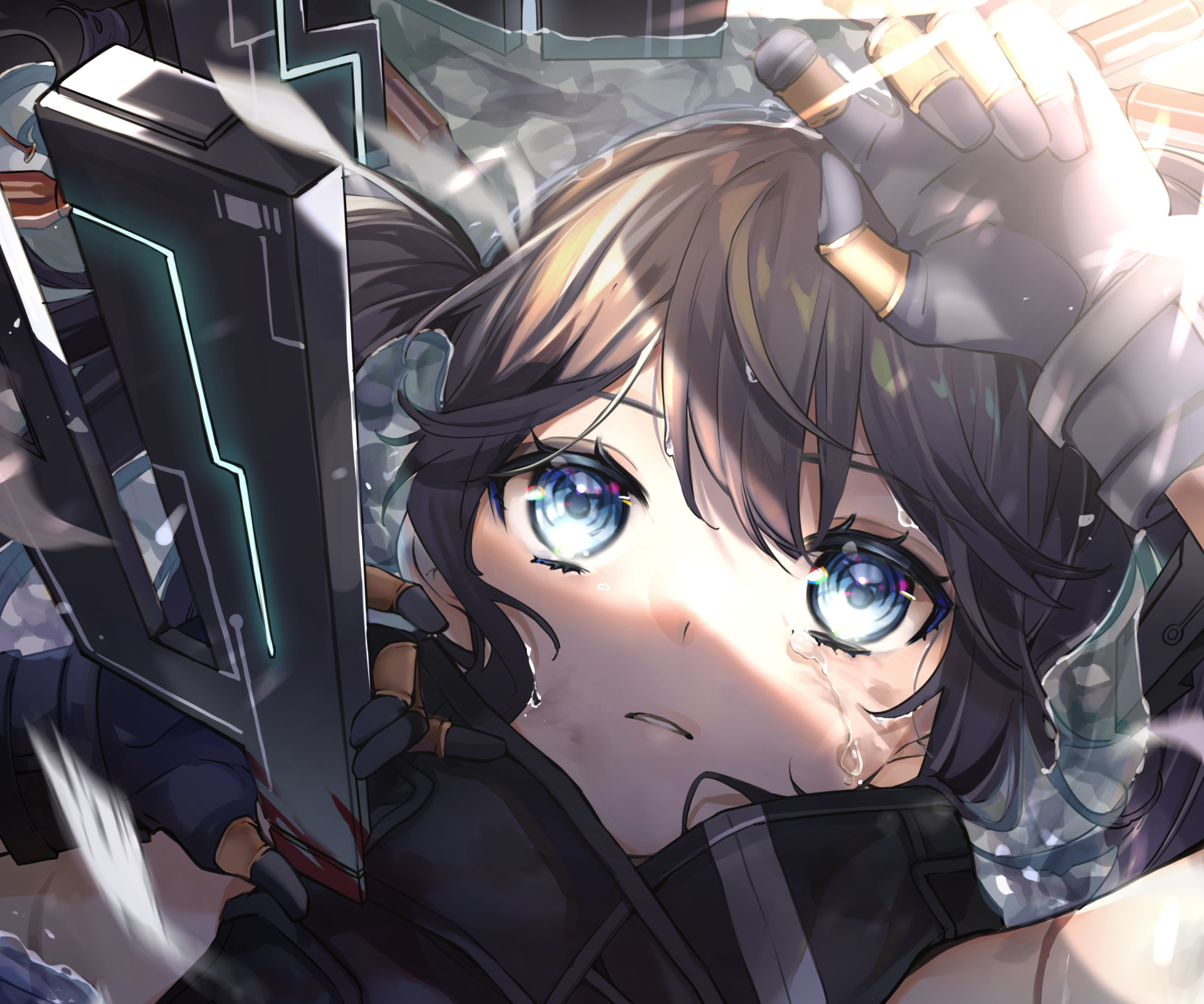 Close-up of Black Rock Shooter from Black ★★ Rock Shooter: Dawn Fall — anime 2K Quad HD PC desktop wallpaper/background showing a determined, blue-eyed heroine with rifle in rain and dramatic light.