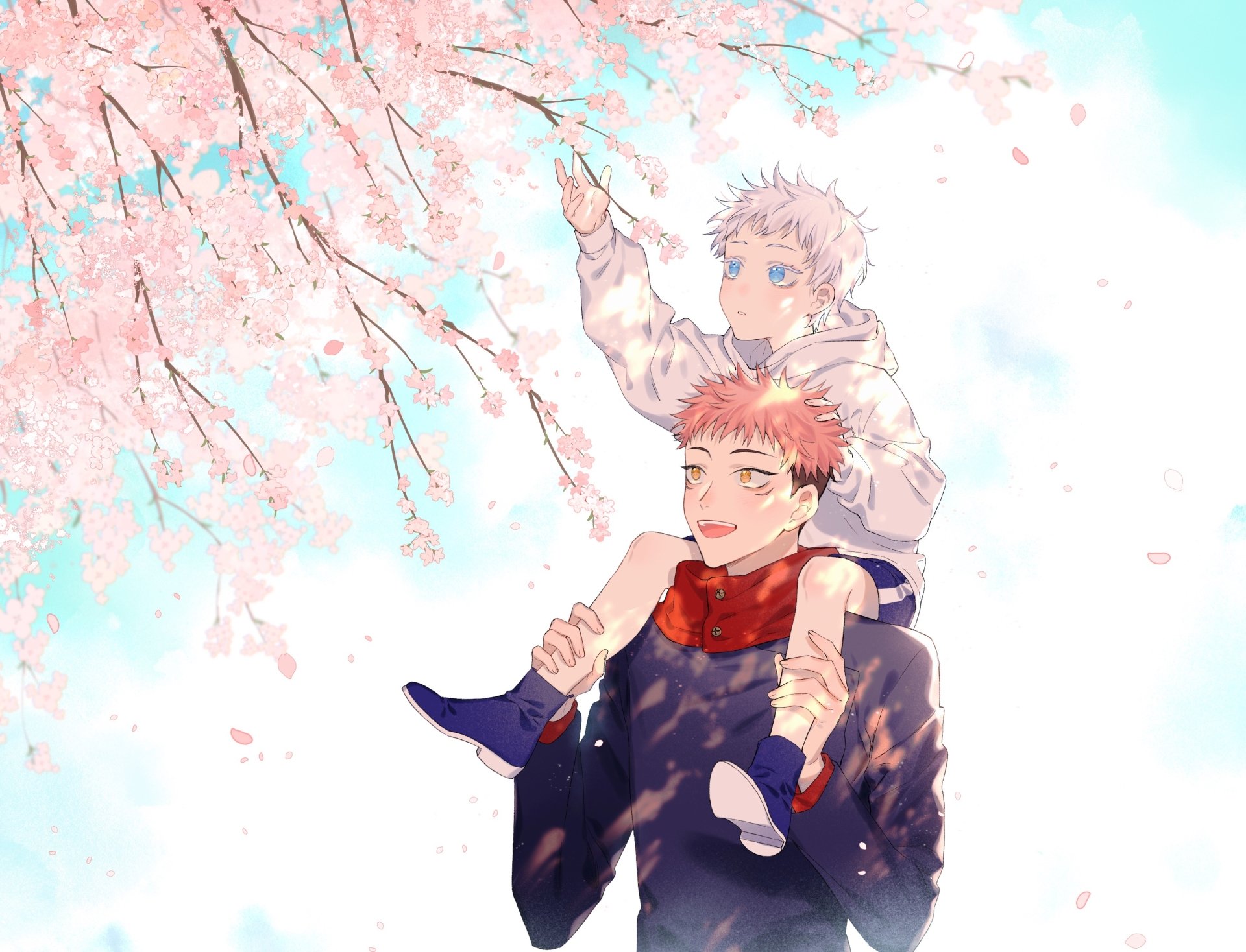 HD anime wallpaper featuring Yuji Itadori carrying Satoru Gojo on his shoulders beneath blooming cherry blossoms from Jujutsu Kaisen.