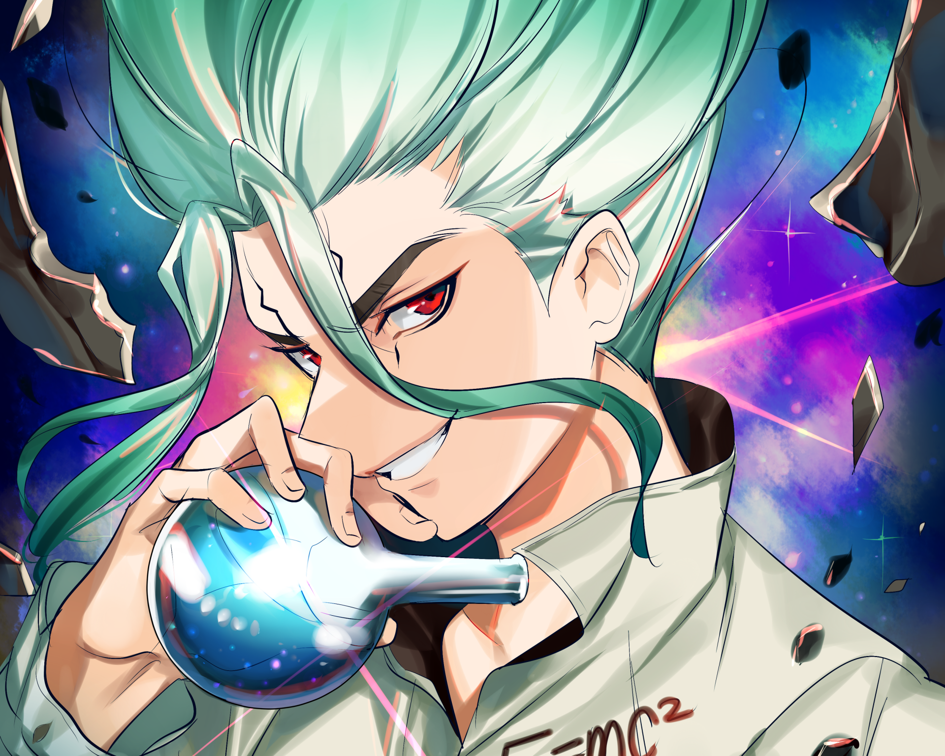 HD PC desktop wallpaper featuring Senku Ishigami from the anime Dr. Stone, showcasing his intense gaze and distinctive white hair against a vibrant cosmic background.