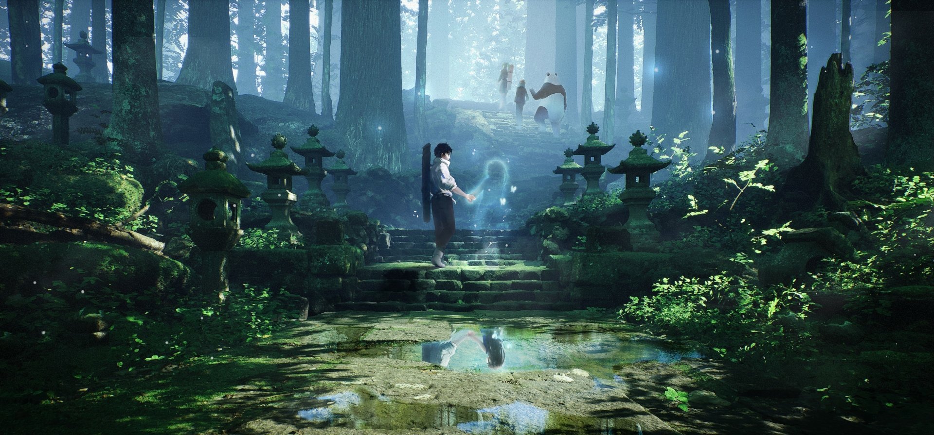 HD desktop wallpaper featuring Yuta Okkotsu from Jujutsu Kaisen 0 standing in a serene forest with mystical creatures floating around. The lush greenery and ancient stone steps add to the magical ambiance.